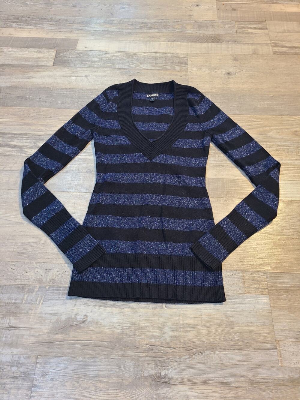 Express small women's striped v neck tight knit sweater